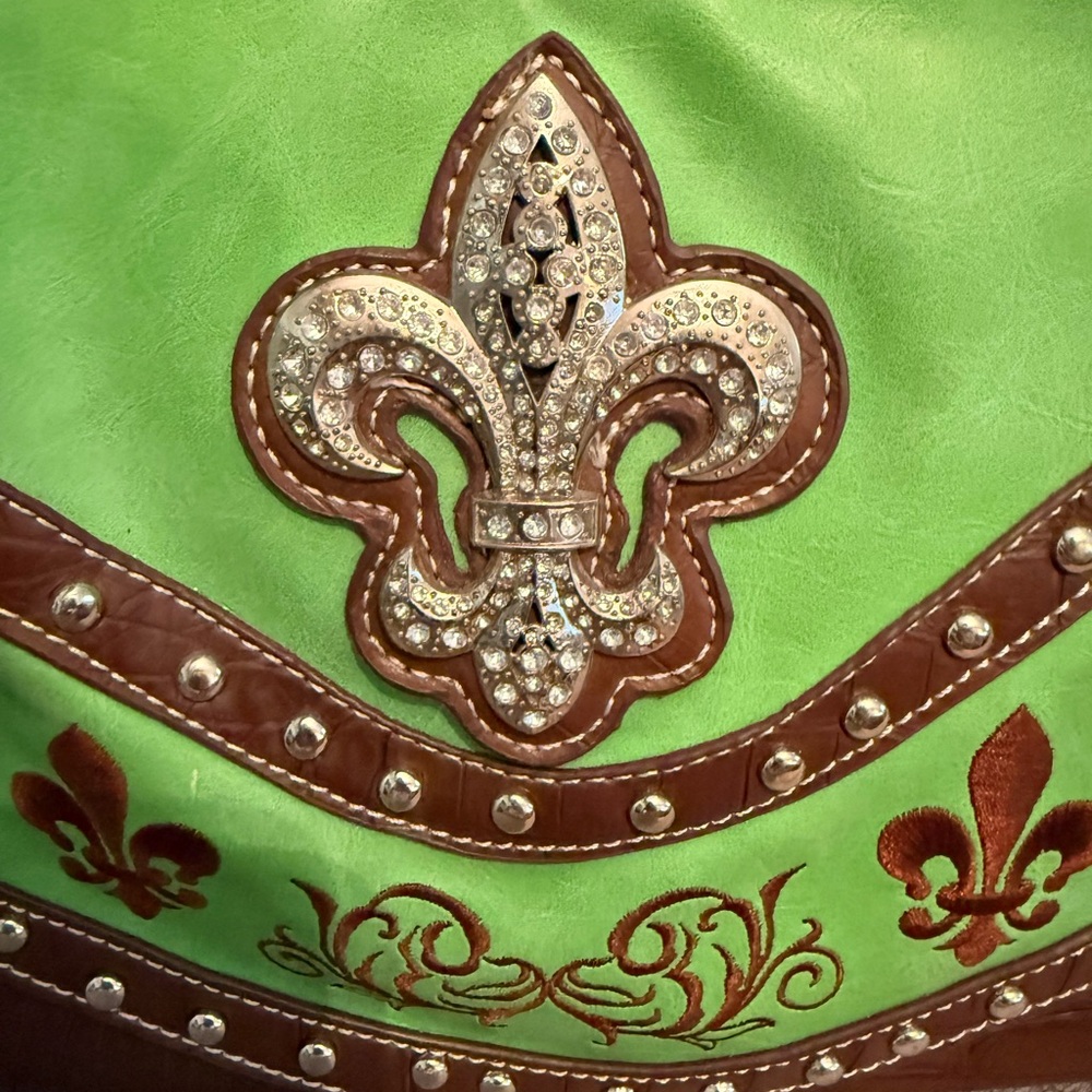 Fleur-De-Lis Brown & Lime Green Women's Handbag - Picture 4 of 12